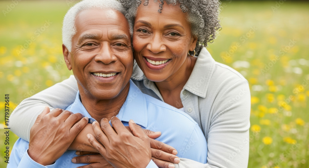 Fototapeta premium Happy senior couple embracing outdoors in a vibrant field of yellow wildflowers, smiling together on a sunny spring day
