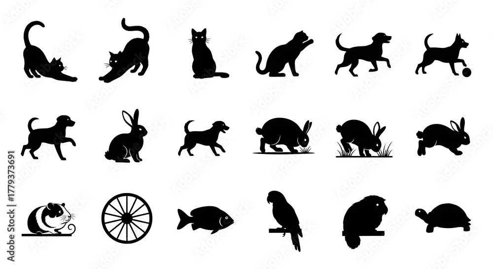 Naklejka premium Silhouette Collection of Common Pets and Animals Vector Illustration.