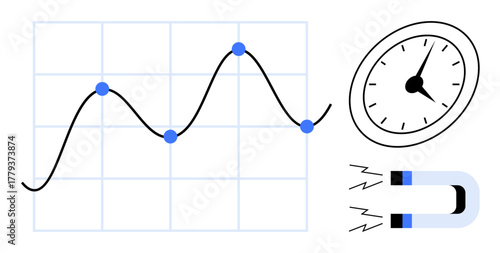 Graph with data points, analog clock, and magnet emitting waves. Ideal for analytics, performance, productivity, time management, measurement goal setting and strategy. Simple flat metaphor