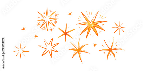 Orange starbursts and sparkles hand drawn graphic elements shine twinkle .vector icon