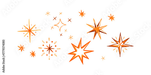 Orange starbursts and sparkles hand drawn graphic elements shine twinkle .vector icon