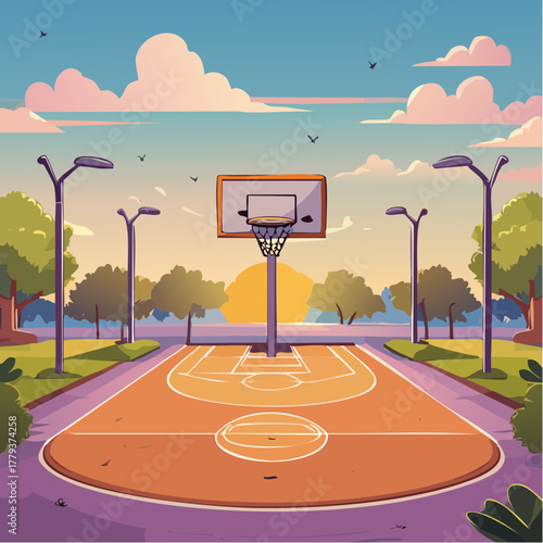 Cartoon animation style basketball court
