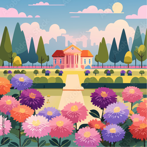 Beautiful aster flowers growing in an outdoor rural garden - 2D vector background scene