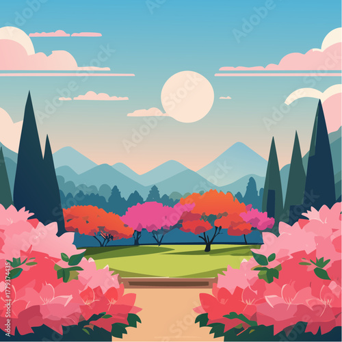 Beautiful azalea flowers growing in an outdoor rural garden - 2D vector background scene
