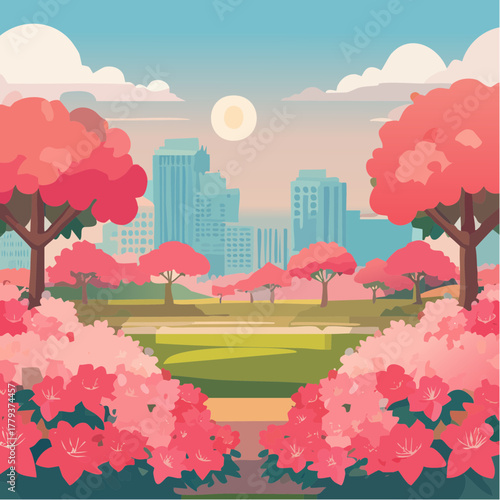 Beautiful azalea flowers growing in an outdoor rural garden - 2D vector background scene