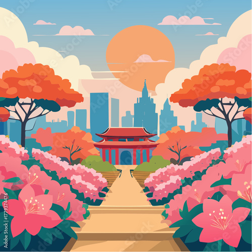 Beautiful azalea flowers growing in an outdoor rural garden - 2D vector background scene