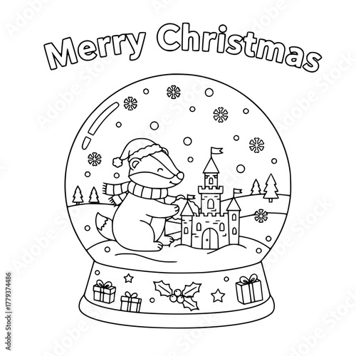Badger cub building snow castle inside Christmas snow globe with “Merry Christmas,” coloring book page for toddlers Generative AI