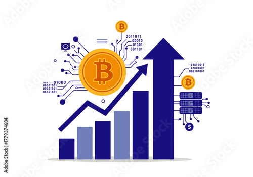 Bitcoin growth chart with upward arrow and digital elements.