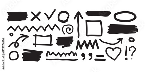 Black Hand Drawn Doodle Design Elements Set Arrows Strokes and Symbols