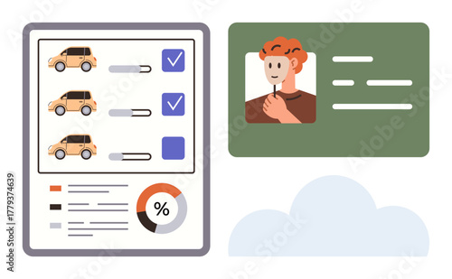 Car options with selection checkboxes, ID profile, pie chart, text indicators, and percentage data. Ideal for vehicle rental, user ID, decision-making, data analysis consumer study product