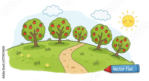 A vibrant cartoon illustration of a rolling green hill with a path winding through an apple orchard on a sunny day