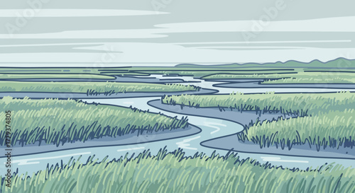 Marshland Waterway Serene River Cutting Through Coastal Grassland Illustration