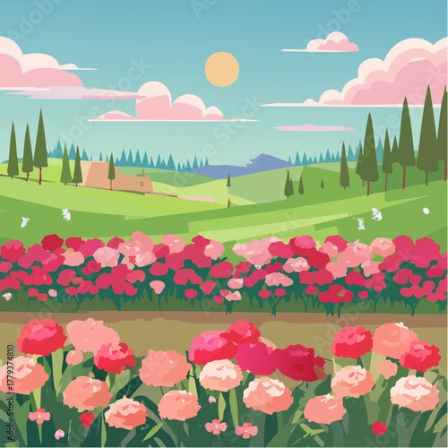 Beautiful carnation flowers growing in an outdoor rural garden - 2D vector background scene