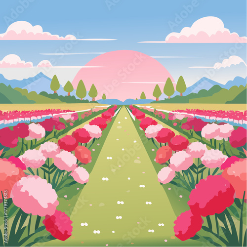 Beautiful carnation flowers growing in an outdoor rural garden - 2D vector background scene