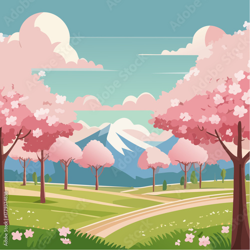 Beautiful cherry blossom flowers growing in an outdoor rural garden - 2D vector background scene