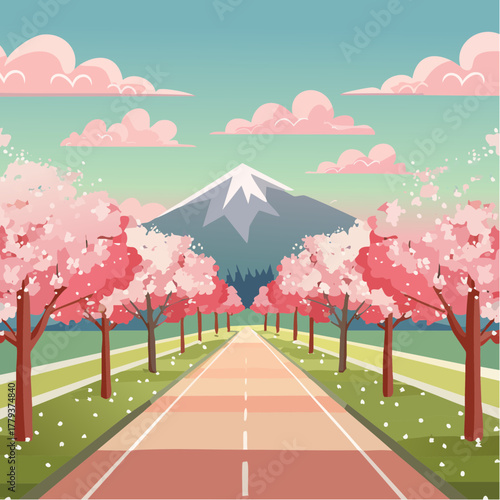 Beautiful cherry blossom flowers growing in an outdoor rural garden - 2D vector background scene