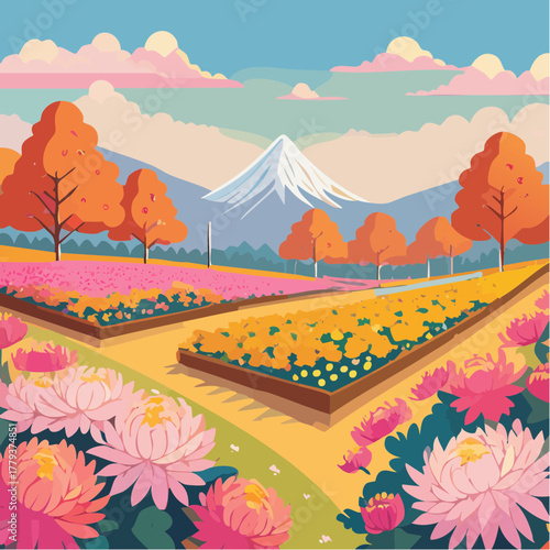 Beautiful chrysanthemum flowers growing in an outdoor rural garden - 2D vector background scene