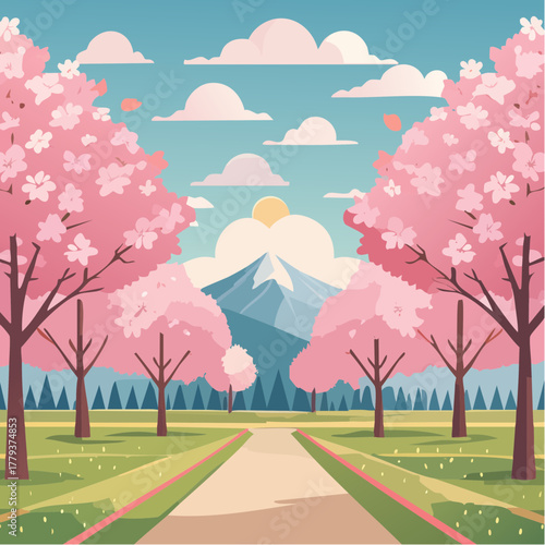 Beautiful cherry blossom flowers growing in an outdoor rural garden - 2D vector background scene