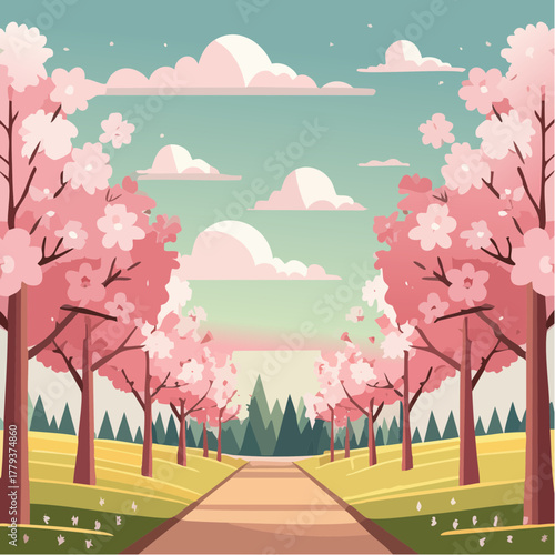 Beautiful cherry blossom flowers growing in an outdoor rural garden - 2D vector background scene