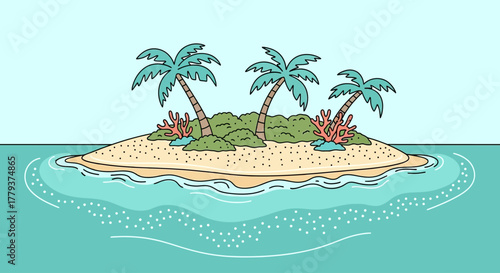 Illustrative tropical island paradise with lush palm trees, a golden sandy beach, and vibrant coral formations, set in tranquil turquoise ocean waters for a relaxing escape