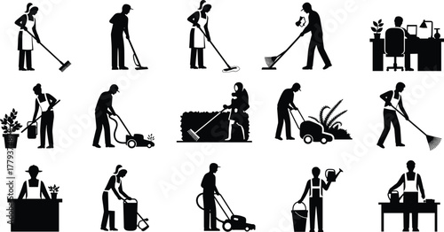 Cleaning, Gardening, Housekeeping, Janitorial, Office, Worker, Hygiene, Maintenance, Chores, Household, Service, Tools, Equipment, Silhouette, Vector, Illustration, Task, Work, Care, Labor
