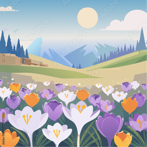 Beautiful crocus flowers growing in an outdoor rural garden - 2D vector background scene