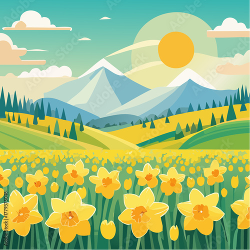 Beautiful daffodil flowers growing in an outdoor rural garden - 2D vector background scene