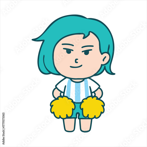 Cartoon character with blue hair and pom-poms in cheer outfit isolated on white background
