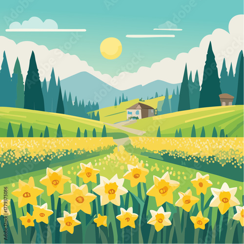 Beautiful daffodil flowers growing in an outdoor rural garden - 2D vector background scene