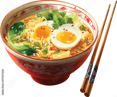 illustration of chinese food ramen with eggs and vegetables in a bowl, isolated on a white background. detailed, high-resolution image