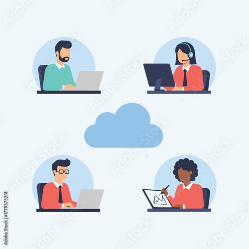 Diverse team of professionals working remotely and connected through cloud computing technology.