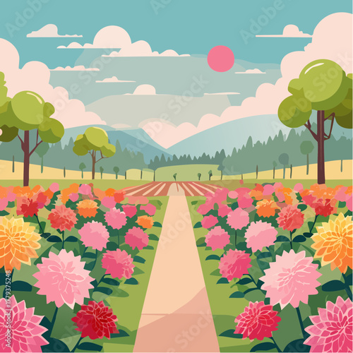 Beautiful dahlia flowers growing in an outdoor rural garden - 2D vector background scene