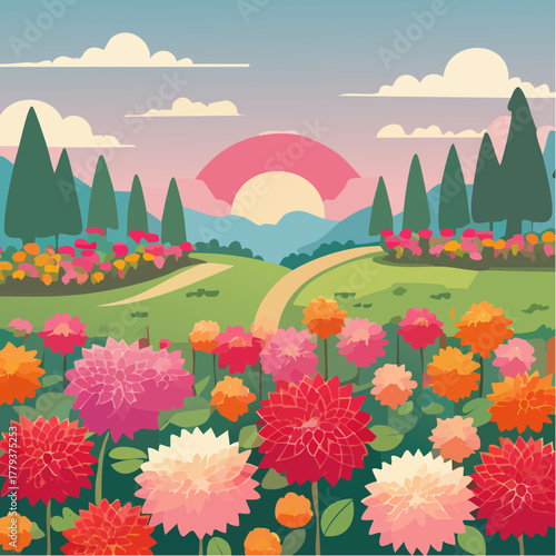 Beautiful dahlia flowers growing in an outdoor rural garden - 2D vector background scene