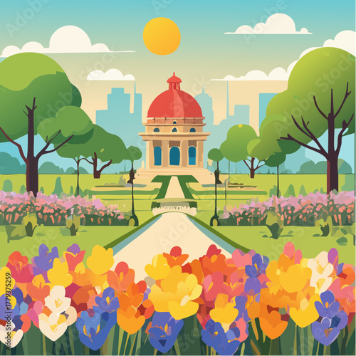 Beautiful freesia flowers growing in an outdoor rural garden - 2D vector background scene