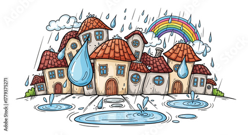 Charming cartoon illustration of a colorful village under a gentle rain shower, complete with puddles and a rainbow