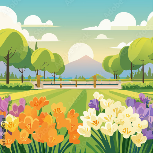 Beautiful freesia flowers growing in an outdoor rural garden - 2D vector background scene