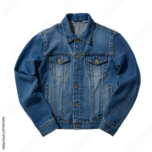 Classic Blue Denim Jacket on a White Background for Fashion and Style Enthusi...