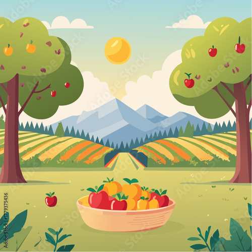 Beautiful fruits growing in an outdoor rural garden - 2D vector background scene