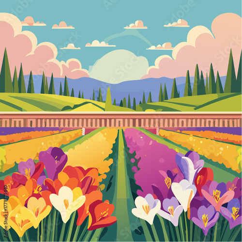 Beautiful freesia flowers growing in an outdoor rural garden - 2D vector background scene