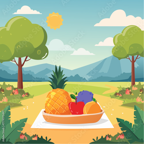 Beautiful fruits growing in an outdoor rural garden - 2D vector background scene