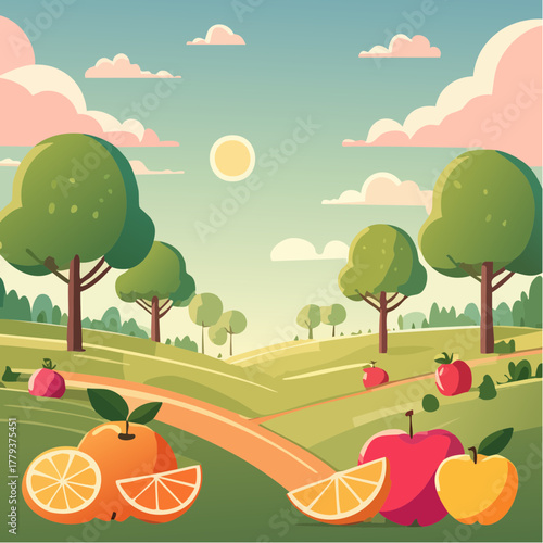 Beautiful fruits growing in an outdoor rural garden - 2D vector background scene