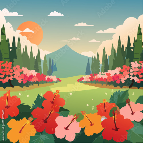 Beautiful hibiscus flowers growing in an outdoor rural garden - 2D vector background scene