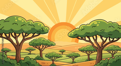 Cartoon illustration of a vibrant African savanna landscape with trees and a bright sunrise.