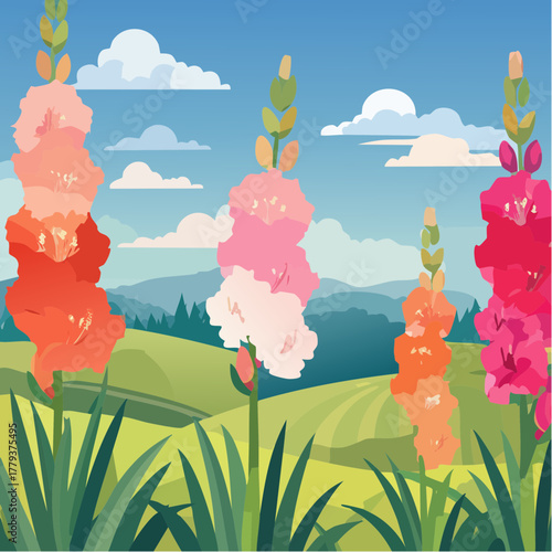 Beautiful gladiolus flowers growing in an outdoor rural garden - 2D vector background scene