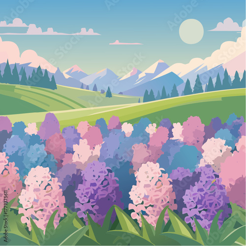 Beautiful hyacinth flowers growing in an outdoor rural garden - 2D vector background scene
