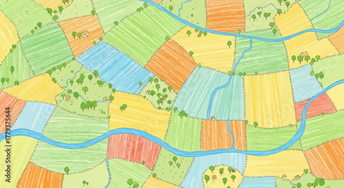 Colorful Aerial View of Farmland A Vibrant Landscape of Fields and Rivers