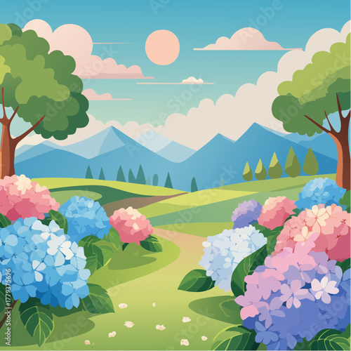 Beautiful hydrangea flowers growing in an outdoor rural garden - 2D vector background scene