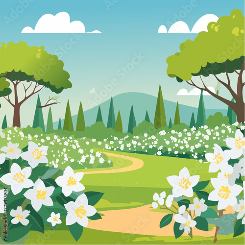 Beautiful jasmine flowers growing in an outdoor rural garden - 2D vector background scene