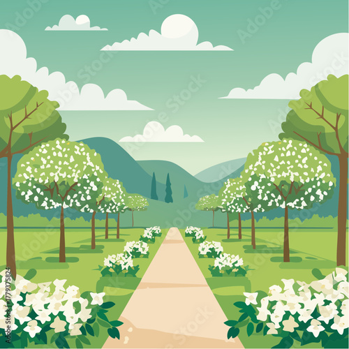 Beautiful jasmine flowers growing in an outdoor rural garden - 2D vector background scene