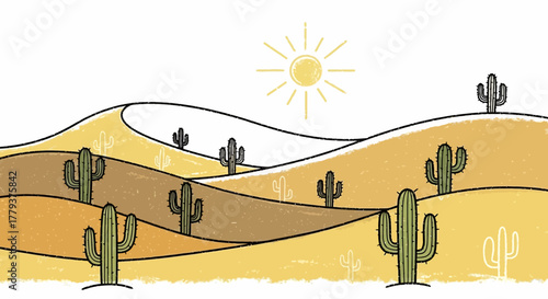 An illustration of a desert landscape featuring rolling sand dunes and saguaro cacti under a bright sun.